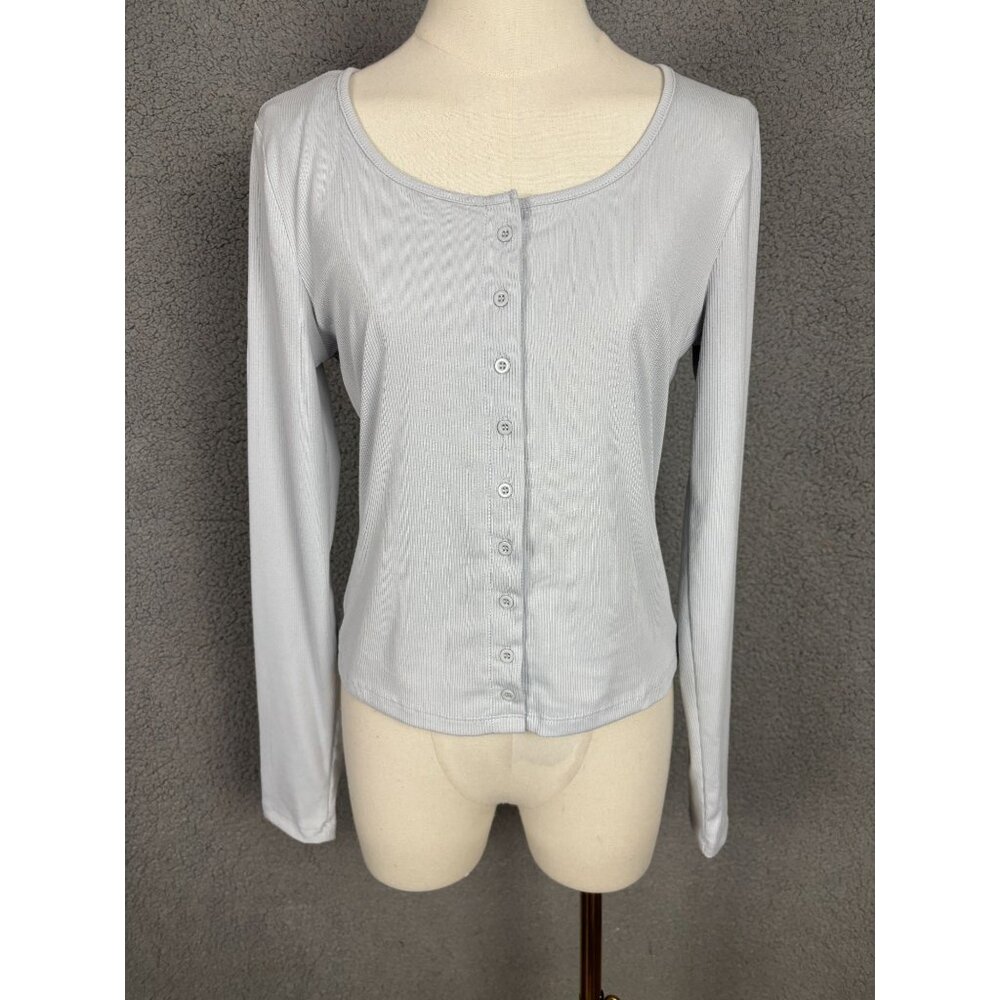 Just Polly Women Juniors' Blue Button-Up Ribbed Knit Long Sleeve Top Size L NWTs